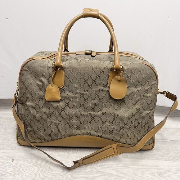 Gucci Travel Carry On Bag‎ GG Logo Khaki Canvas & Tan Leather Padlock w/Keys TLC - Picture 1 of 16